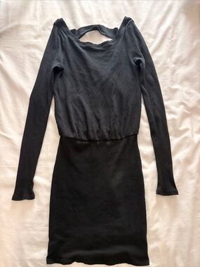 FP Beach Black Ribbed V-Neck Long Sleeve Dress